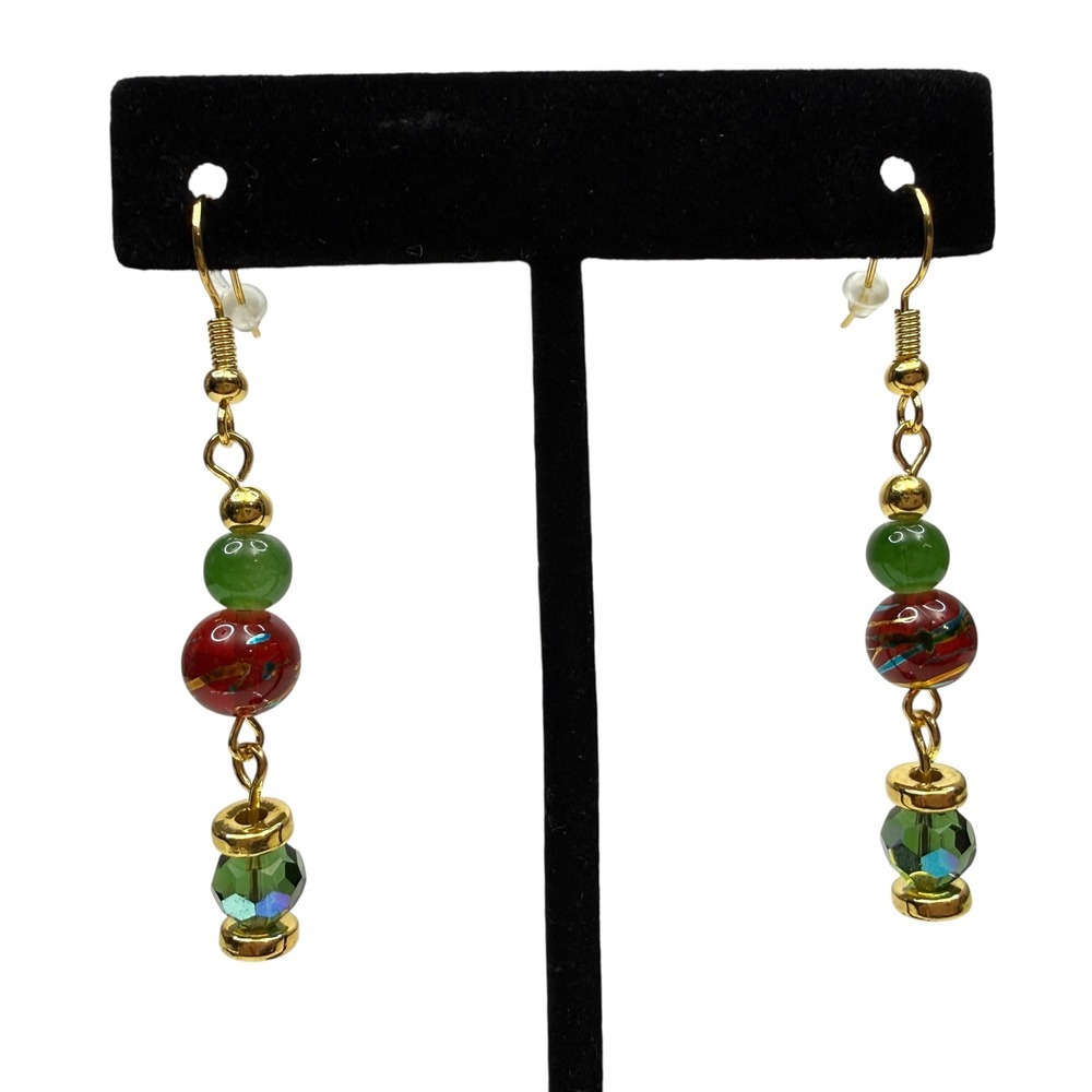 Gold Tone Crystal Green Faceted Orange Glass Dangle Drop Earrings Beaded Jewelry